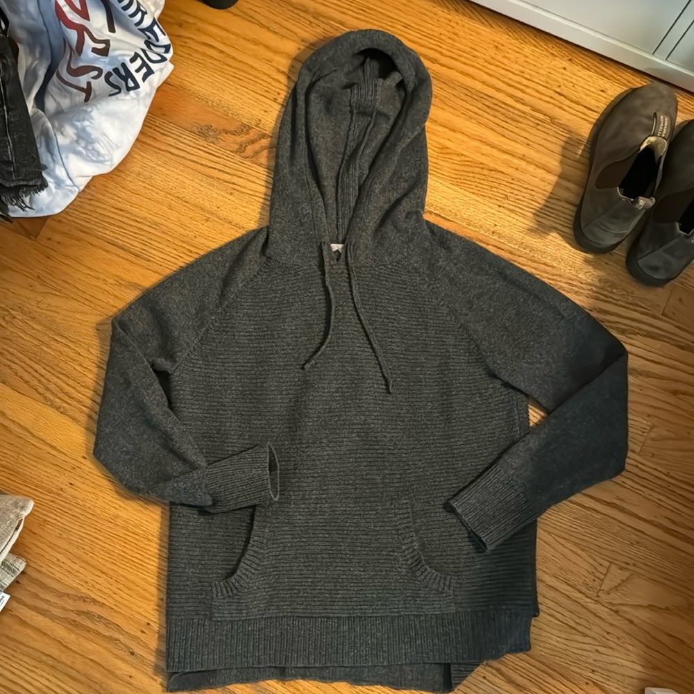 Athleta dark grey 100% cashmere cable knit sweater with hood